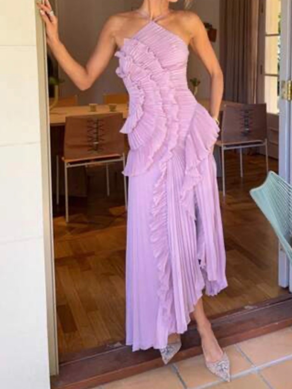 Lavender One-Shoulder Ruffled Maxi Dress